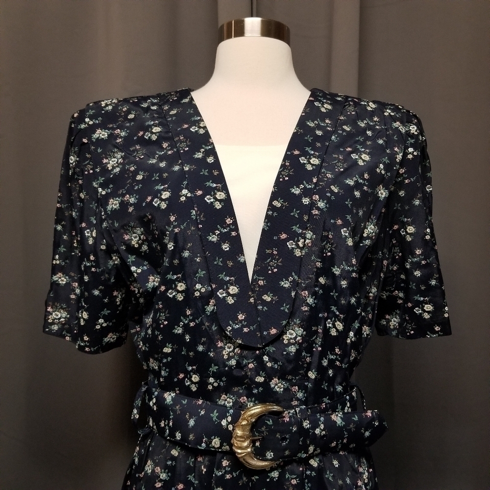 Vintage 80s Retro Cottagecore Ditsy Floral Belted Midi Dress L - Picture 2 of 10